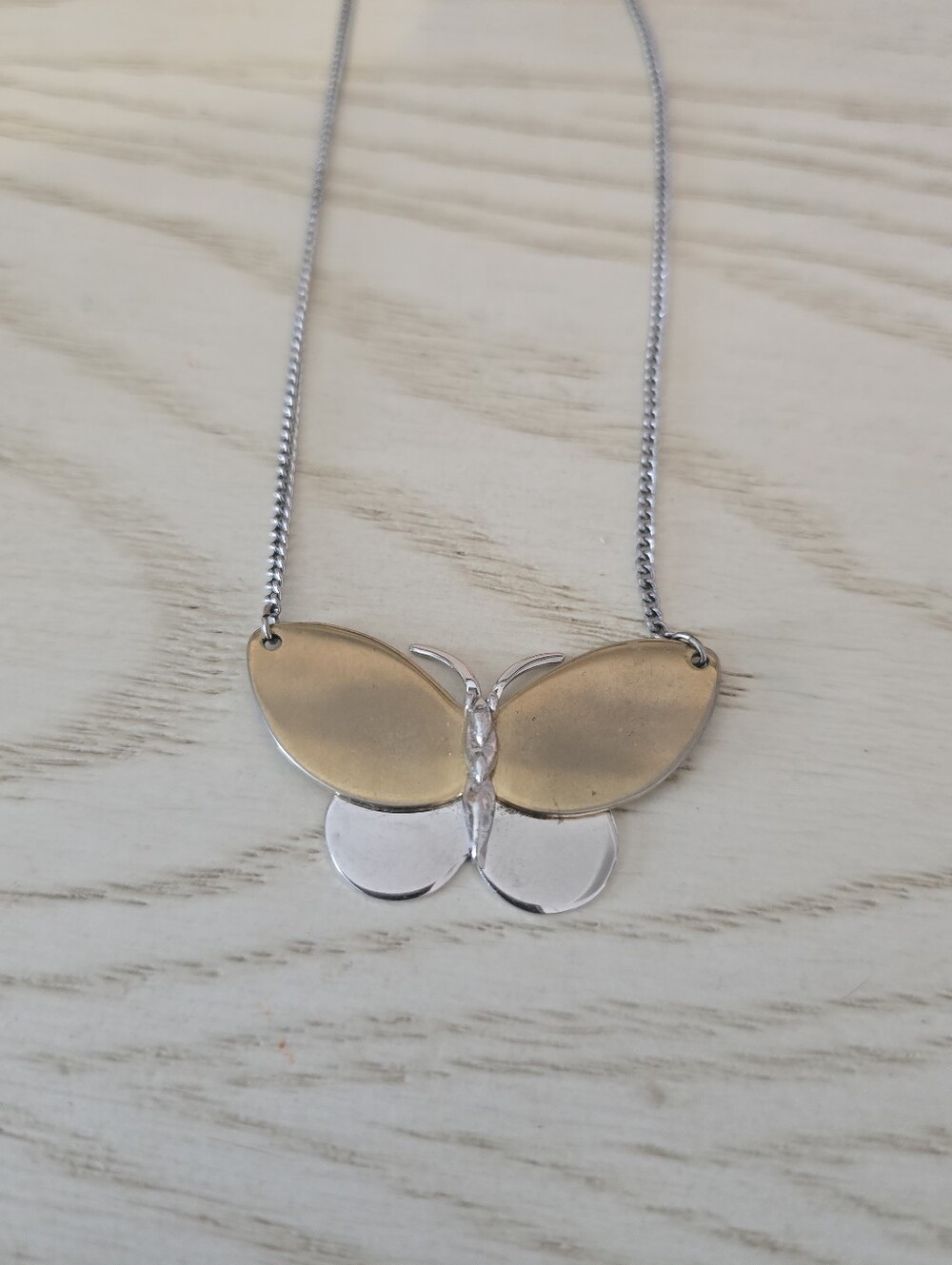 Vintage Avon Butterfly Pendant Necklace - Two-Tone Silver and Gold RARE